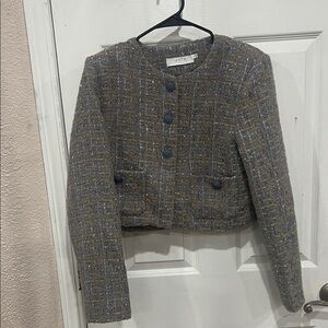 ASTR Brown Tweed Cropped Button Blazer with Blue Accents
